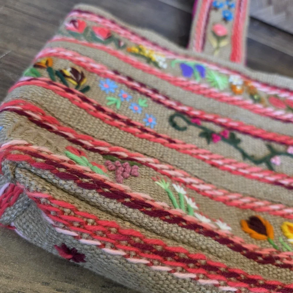 Colorful‎ Jute Burlap Bag Yarn Embroidery Boho Flowers Corduroy Lined Pocket
